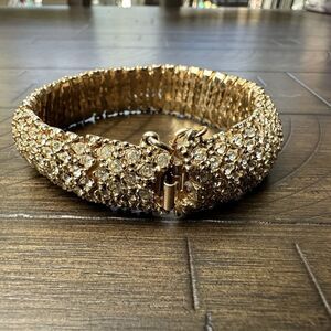 Vintage Gold Tone Rhinestone Bracelet Wide Statement Estate Jewelry Unmarked